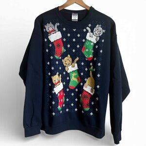 Jerzees Cat Stocking Christmas Sweatshirt Pullover Crewneck NuBlend Navy Blue XL